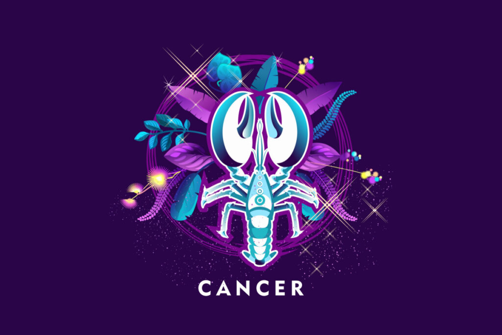 Símbolo do signo de Câncer em azul com detalhes em roxo em um fundo roxo
