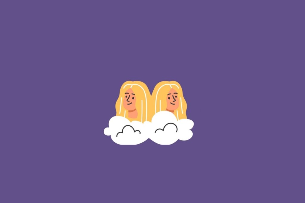 Ilustração de duas mulheres loira lado a lado, representando o signo de gêmeos, em um fundo roxo-escuro 