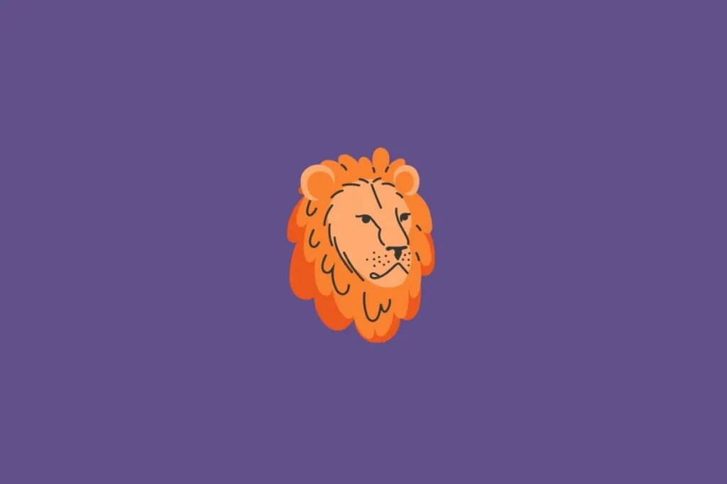 Ilustração de um leão, representando o signo de leão, em um fundo roxo-escuro 
