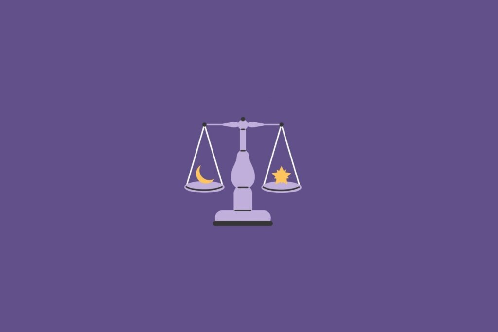 Ilustração de uma balança com lua e estrela, representando o signo de libra, em um fundo roxo-escuro 