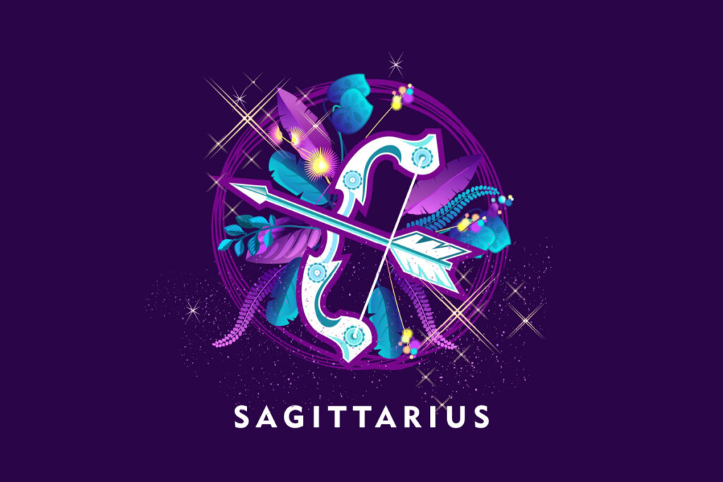 Símbolo do signo de Sagitário em azul com detalhes em roxo em um fundo roxo