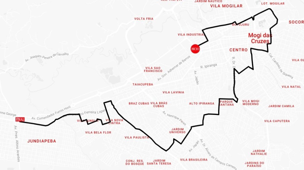 Trajeto previsto em Mogi das Cruzes | Foto: Reprodução/Google Maps/Coca-Cola