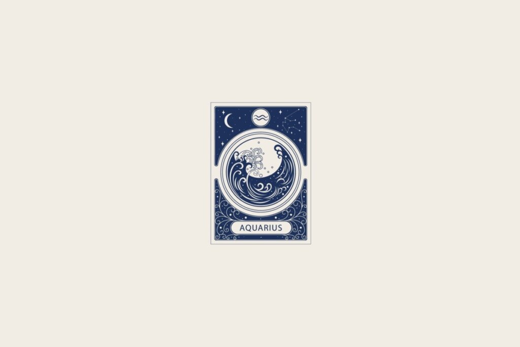 Ilustração do signo de Aquário em azul dentro de uma carta e com fundo cinza