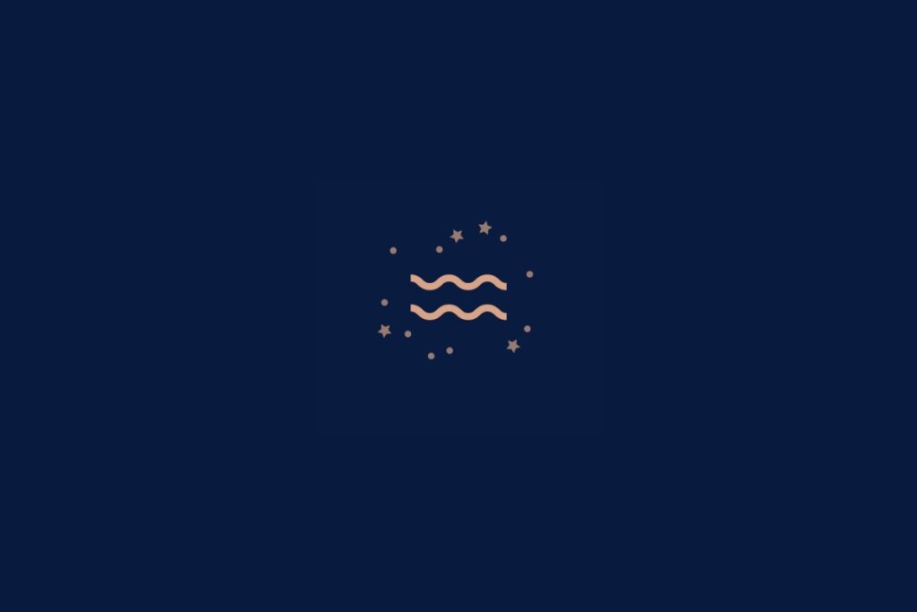 Ilustração do signo de aquário rodeado por estrelas em um fundo azul-escuro