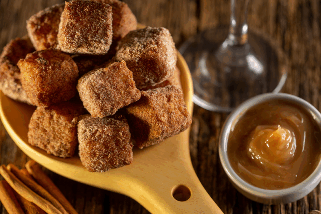 Dadinho de tapioca doce  servido em colher de madeira ao lado de tigela com doce de leite em cima de mesa de madeira 