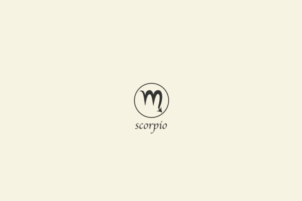 Ilustração do signo de escorpião na cor preta, com um círculo em volta e o nome abaixo, sobre um fundo amarelo-claro