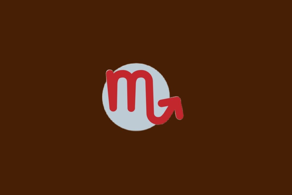 Ilustração do signo de Escorpião, com símbolo vermelho em forma de “M” com seta curva, sobre fundo cinza e marrom-escuro