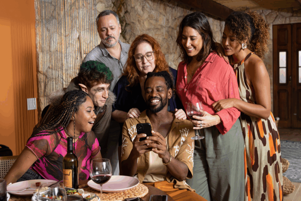 Imagem de grupo de amigos vendo mensagem no celular em sala com mesa de jantar