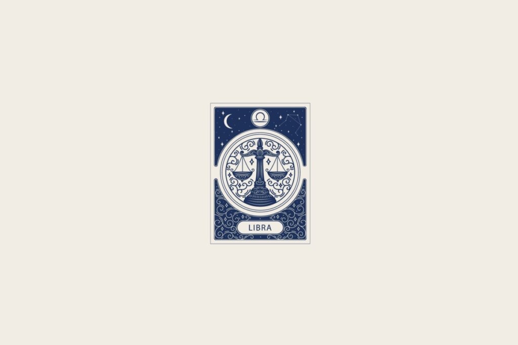 Ilustração do signo de Libra em azul dentro de uma carta e com fundo cinza