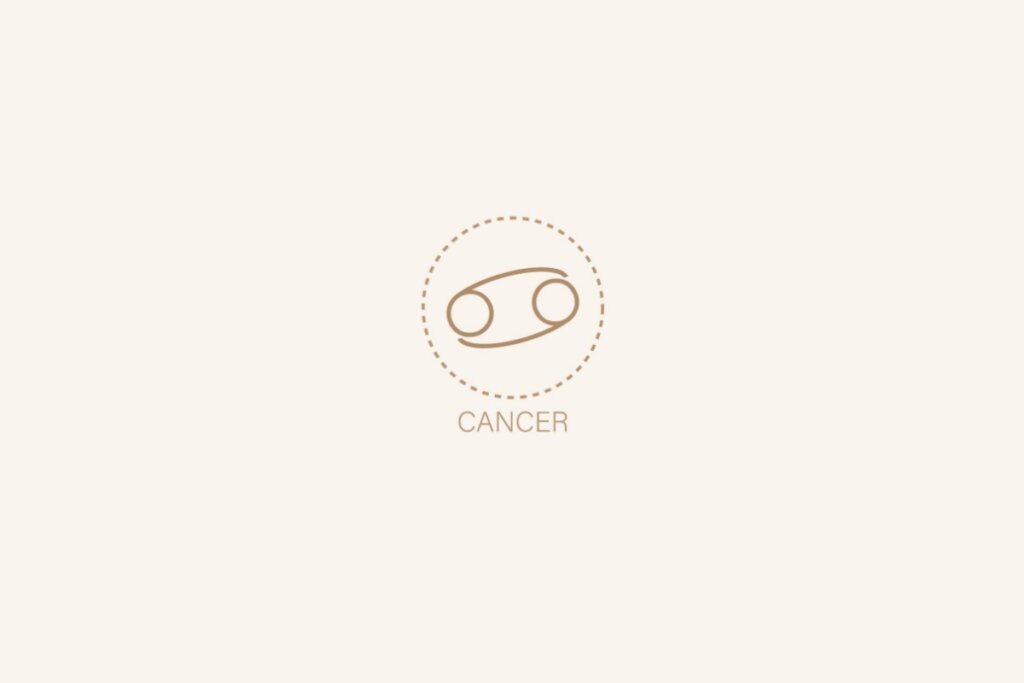Ilustração do símbolo e nome em inglês do signo de câncer em um fundo bege