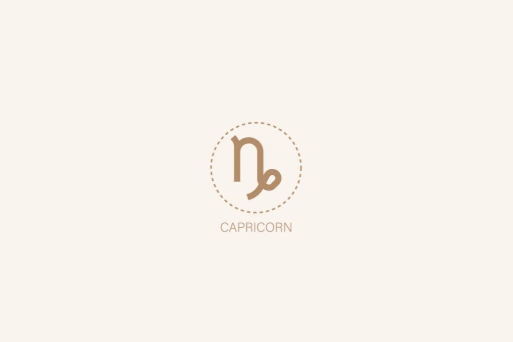 Ilustração do símbolo e nome em inglês do signo de capricórnio em um fundo bege