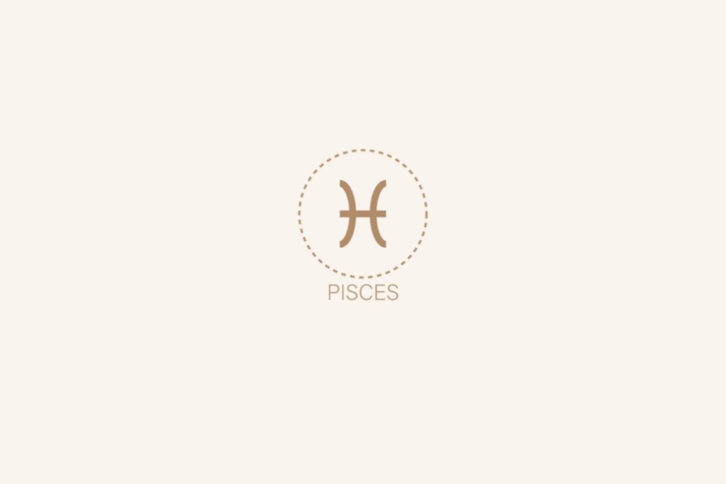 Ilustração do símbolo e nome em inglês do signo de peixes em um fundo bege
