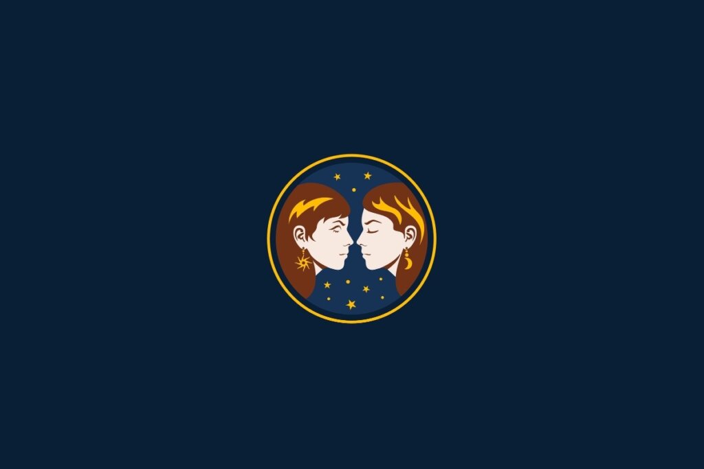 círculo amarelo com ilustração de duas mulheres representando o signo de gêmeos com estrelas amarelas em volta