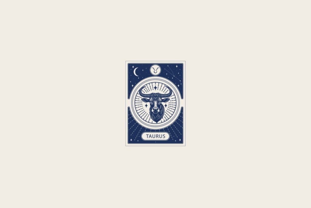 Ilustração do signo de Touro em azul dentro de uma carta e com fundo cinza
