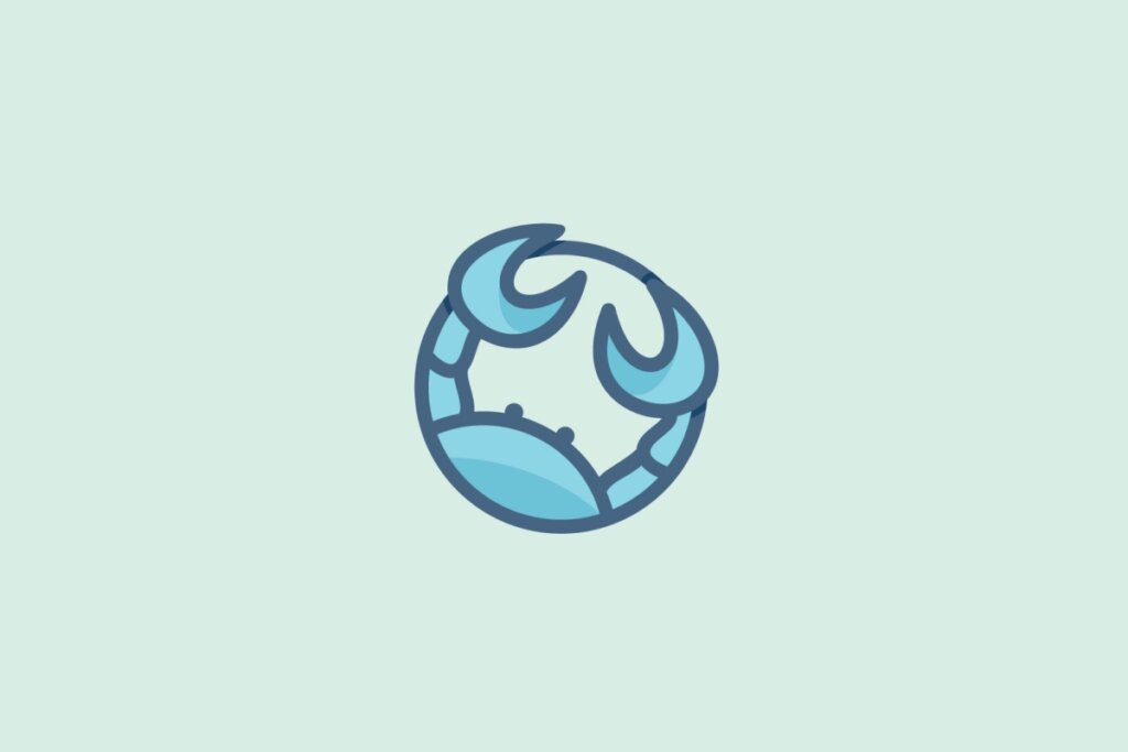 Ilustração do signo de Câncer com a imagem de um caranguejo estilizado dentro de um círculo em um fundo azul-claro