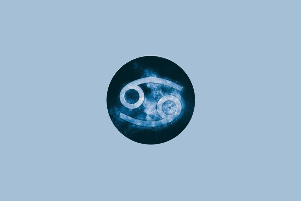 Ilustração do signo de Câncer, em fundo azulado, com dois círculos interligados por traços curvos em direções opostas