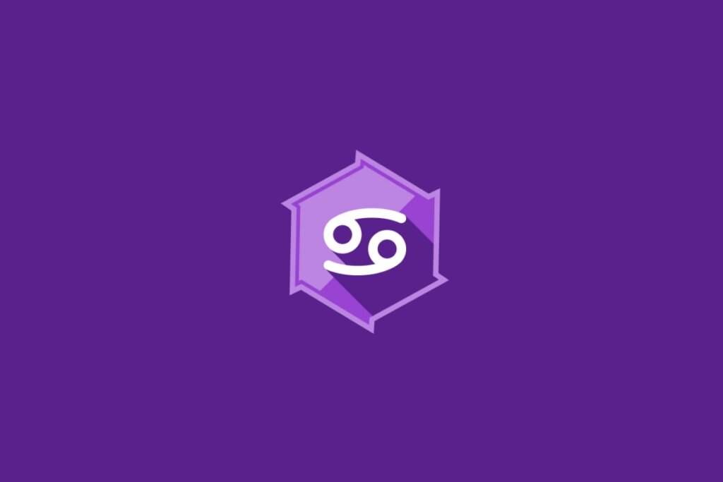 Ilustração do signo de Câncer, em fundo roxo, com símbolo representado por duas formas circulares interligadas por curvas