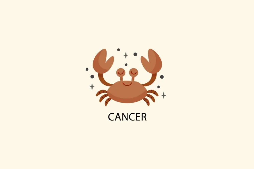 Ilustração do signo de Câncer, em fundo bege-claro, contendo um caranguejo marrom com pinças levantadas