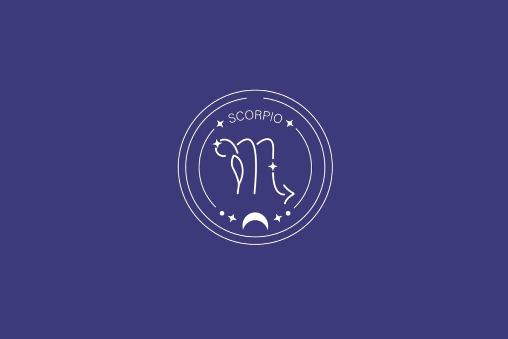 Ilustração do signo de Escorpião, com símbolo em formato de letra “m” com uma seta na extremidade direita, em fundo escuro