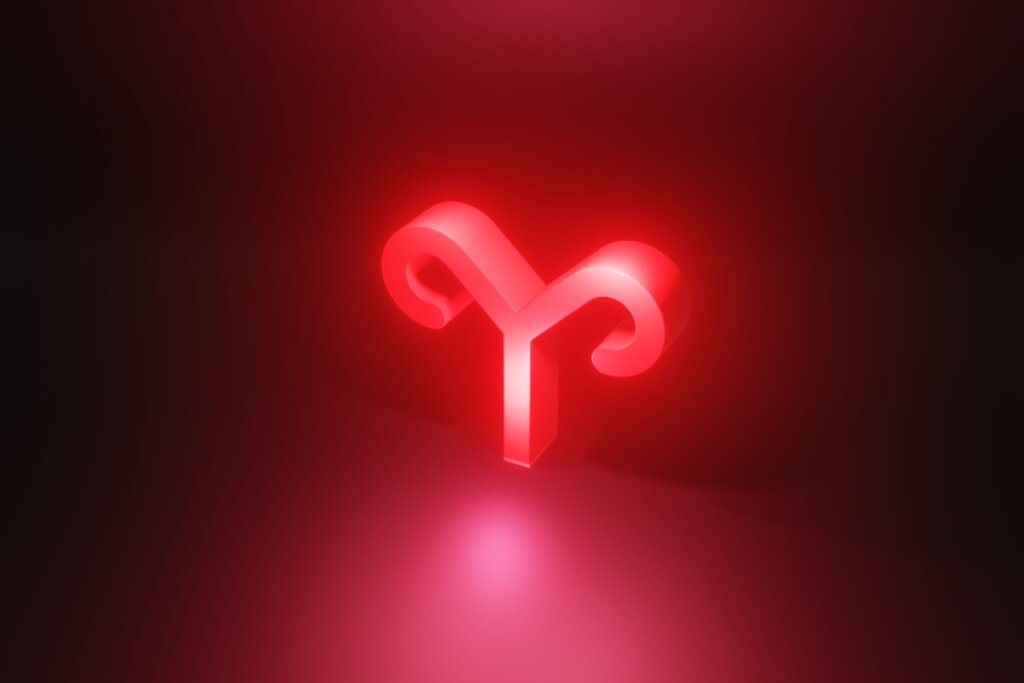 Ilustração em vermelho do símbolo signo de Áries em fundo vermelho