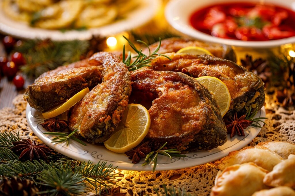 Postas de namorado empanadas em um prato branco decoradas com rodelas de limão, folhas de alecrim e estrela de anis
