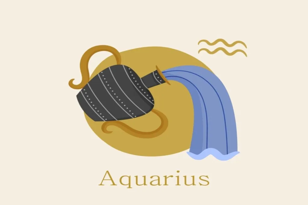 ilustração de um jarro preto saindo água azul sobre círculo amarelo representando o signo de aquário. símbolo e nome do signo em volta