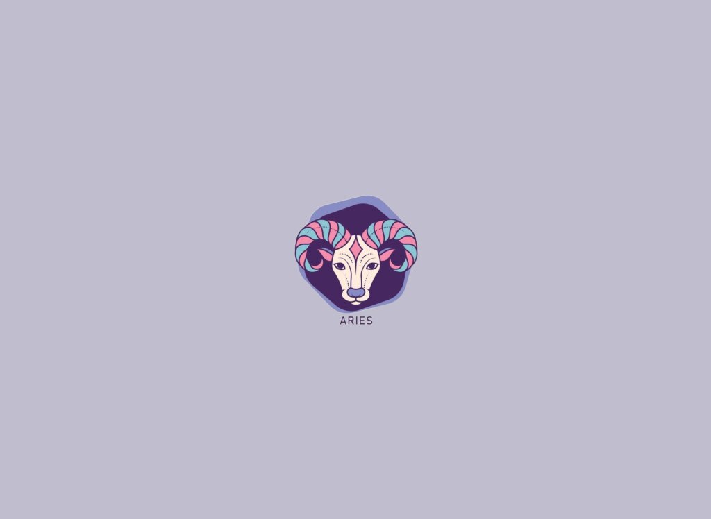 Ilustração de um carneiro dentro de um círculo roxo, em tons de roxo, azul, rosa e bege, sobre um fundo lilás