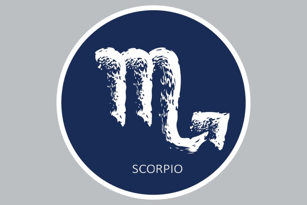 círculo azul-escuro com símbolo do signo de escorpião e nome dele em inglês na cor branca