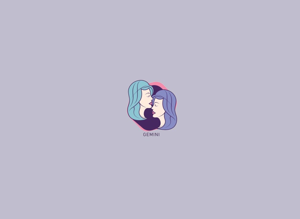 Ilustração de dois rostos em tom bege, um com cabelo azul e outro roxo, dentro de um círculo roxo e sobre um fundo lilás