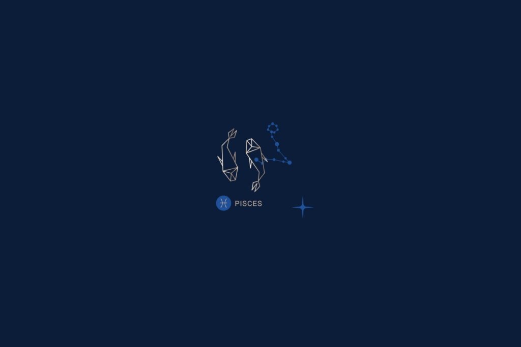 Ilustração de dois peixes, rodeados por estrelas, com o nome e a constelação do signo de peixes, em um fundo azul-escuro