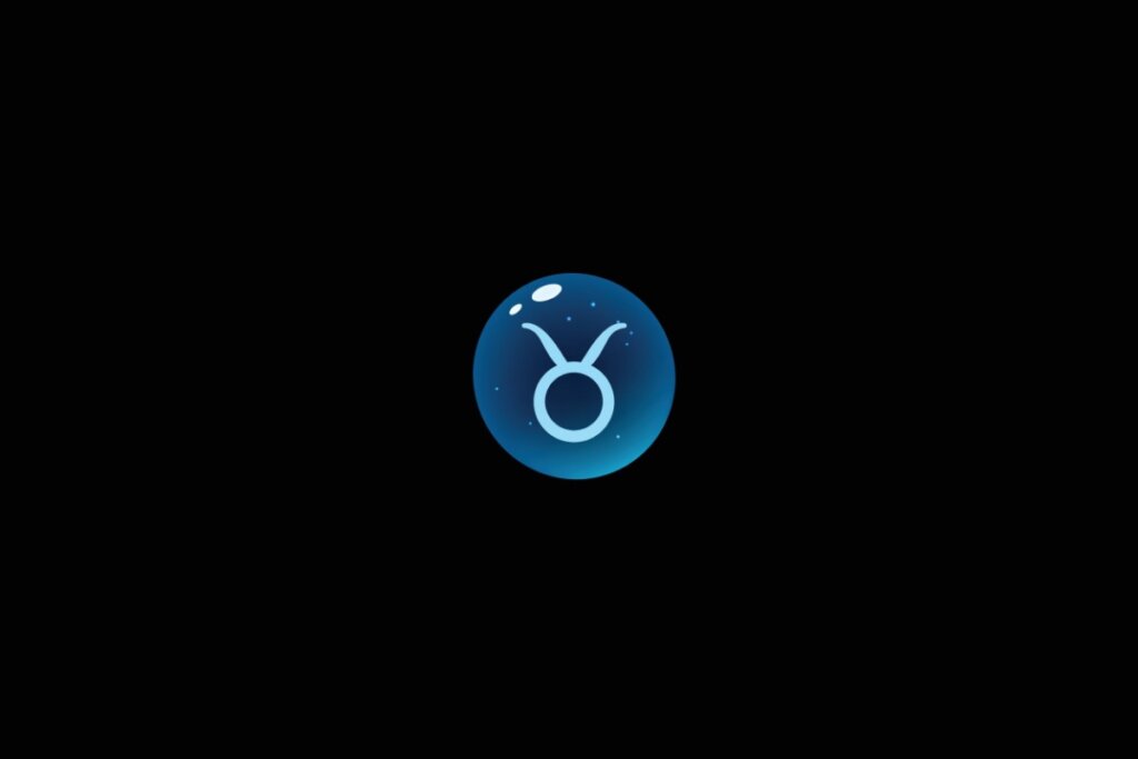 Ilustração do signo de touro dentro de uma bolha azul sobre um fundo preto