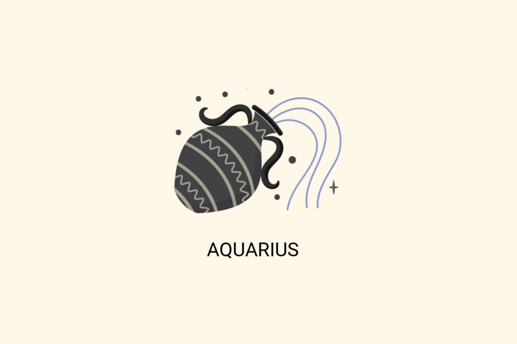 Ilustração do signo de Aquário, em fundo bege-claro, contendo uma ânfora com padrões geométricos despejando linhas onduladas