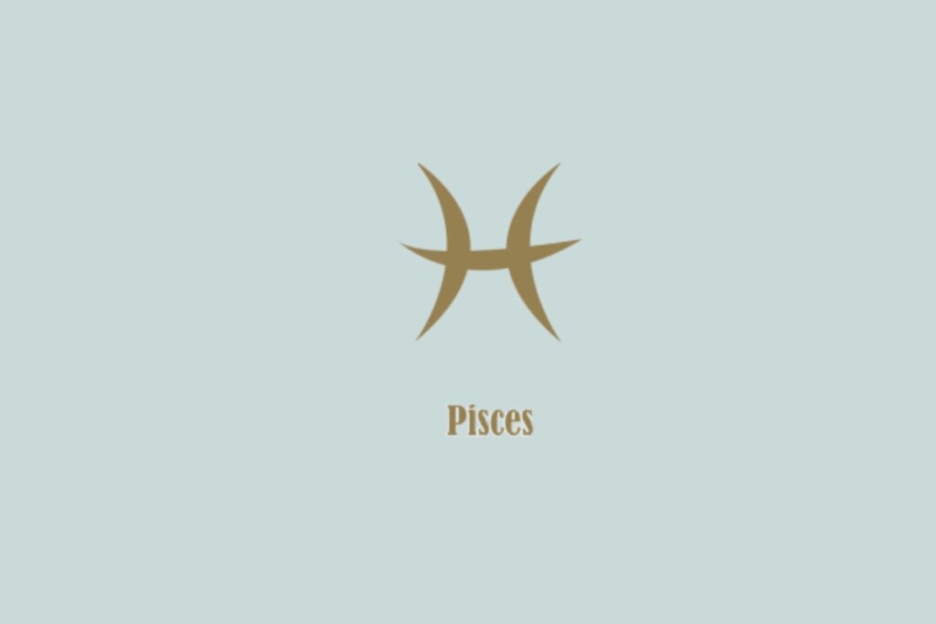 Símbolo de Peixes em dourado sobre fundo azul-claro, representado por duas curvas opostas conectadas por um traço horizontal, remetendo a dois peixes nadando em direções contrárias, com a palavra Pisces abaixo