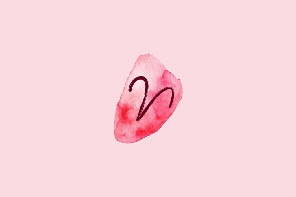 Ilustração do signo de Áries contendo o símbolo de dois traços curvos formando chifres de carneiro em aquarela rosa sobre fundo rosa-claro