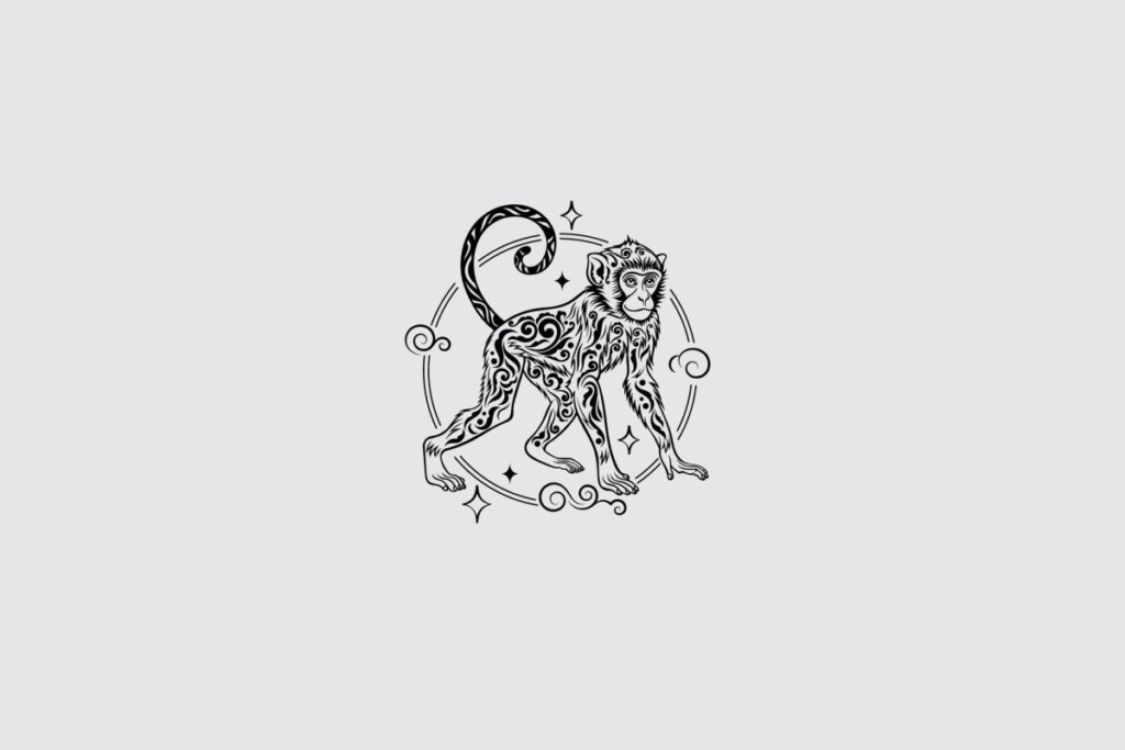 Ilustração do signo de Macaco, contendo um macaco em posição de apoio, com cauda destacada e detalhes ornamentais no corpo, em fundo cinza-claro