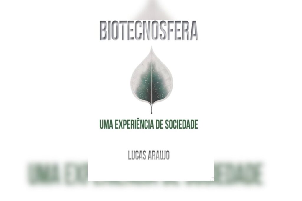 Capa do livro "Biotecnosfera", com a ilustração de uma folha em um fundo branco 
