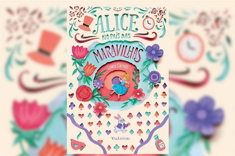 Capa do livro "Alice no País das Maravilhas", com a ilustração de uma menina caindo em um buraco 