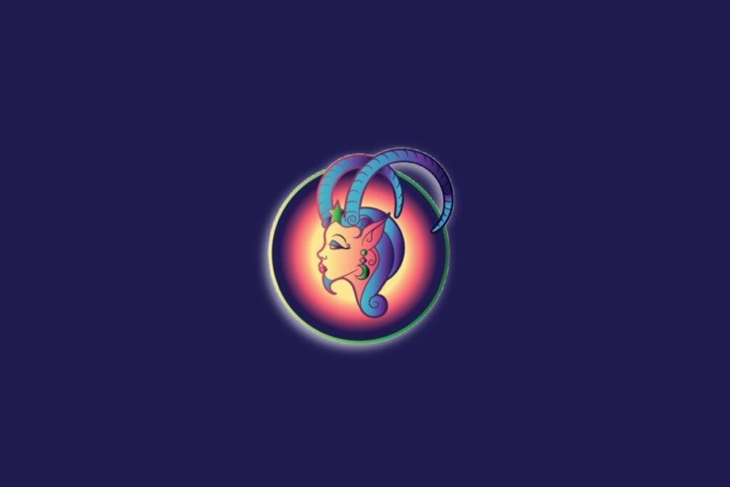 Ilustração do signo de Capricórnio em um círculo nas cores amarela, rosa e roxa sobre um fundo azul-escuro