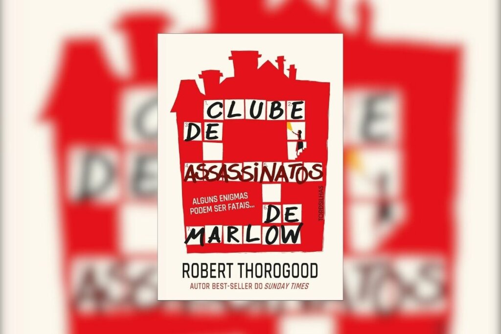 Capa do livro "Clube de assassinatos de Marlow", coma  ilustração de uma casa vermelha em um fundo bege-claro 
