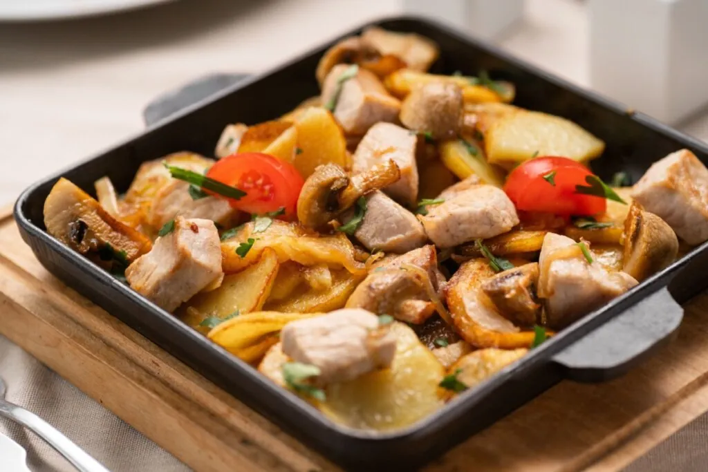 Assadeira com cubos de frango assado, batatas fatiadas, cogumelos e tomates