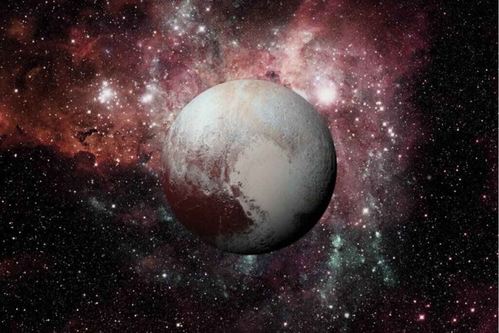 Ilustração planeta Plutão no espaço rodeado por estrelas 
