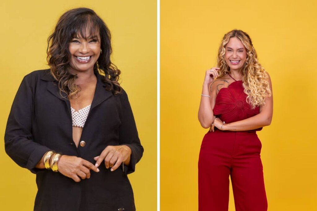 Solange Couto e Sarah Andrade em foto colagem em um fundo amarelo