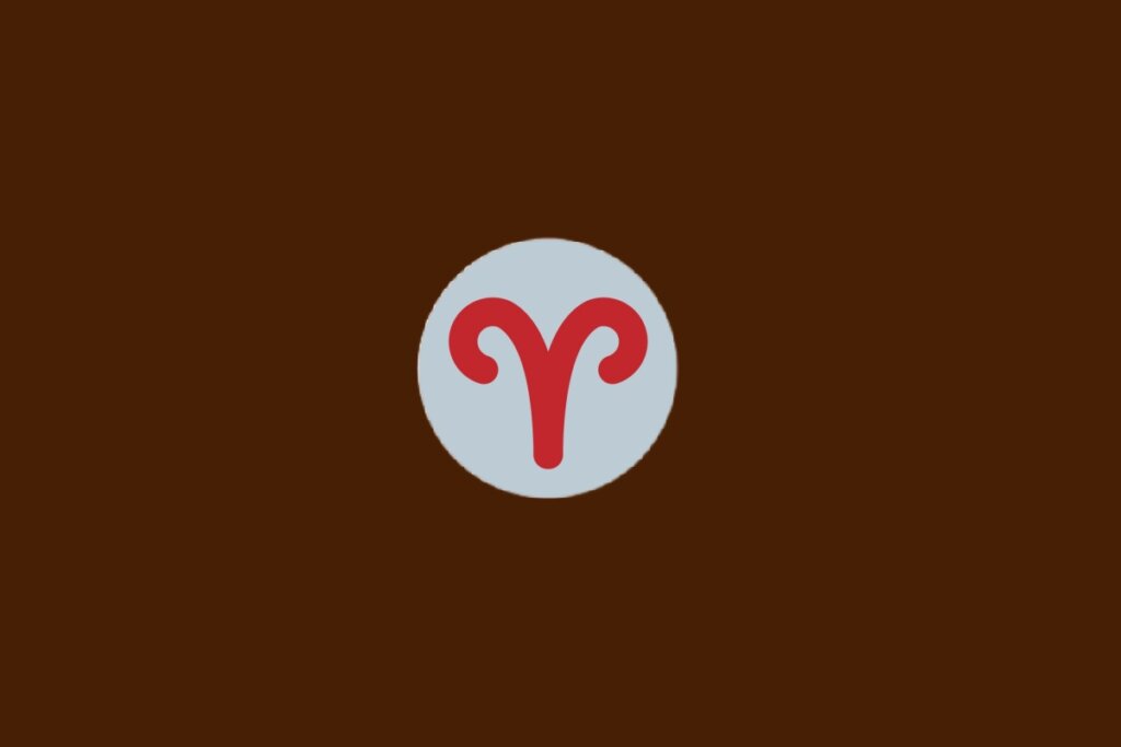 Ilustração do signo de Áries, com símbolo vermelho com dois chifres curvados, dentro de um círculo cinza em fundo marrom-escuro