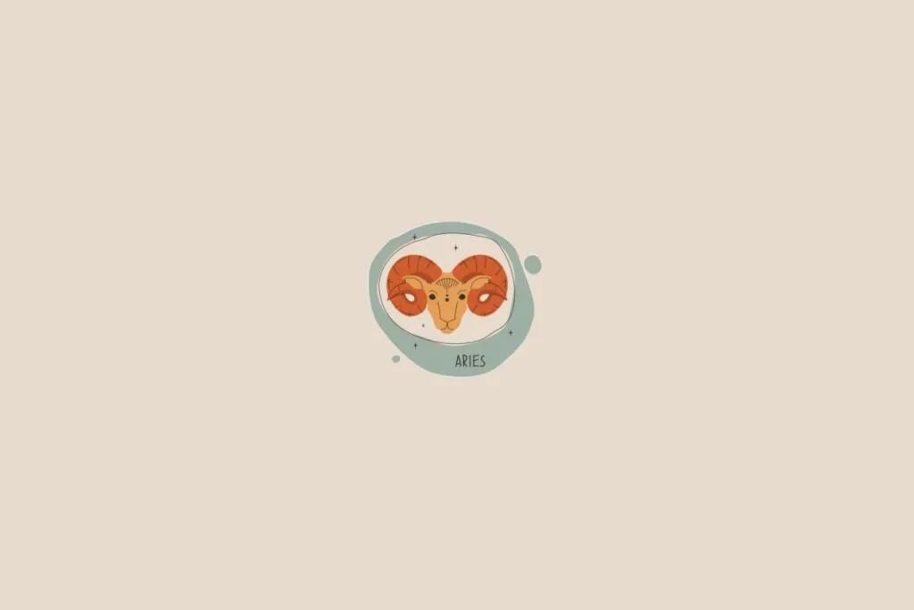Ilustração do signo de áries em um fundo bege-claro. Ao redor dele, há um círculo verde-claro e pequenas bolhas