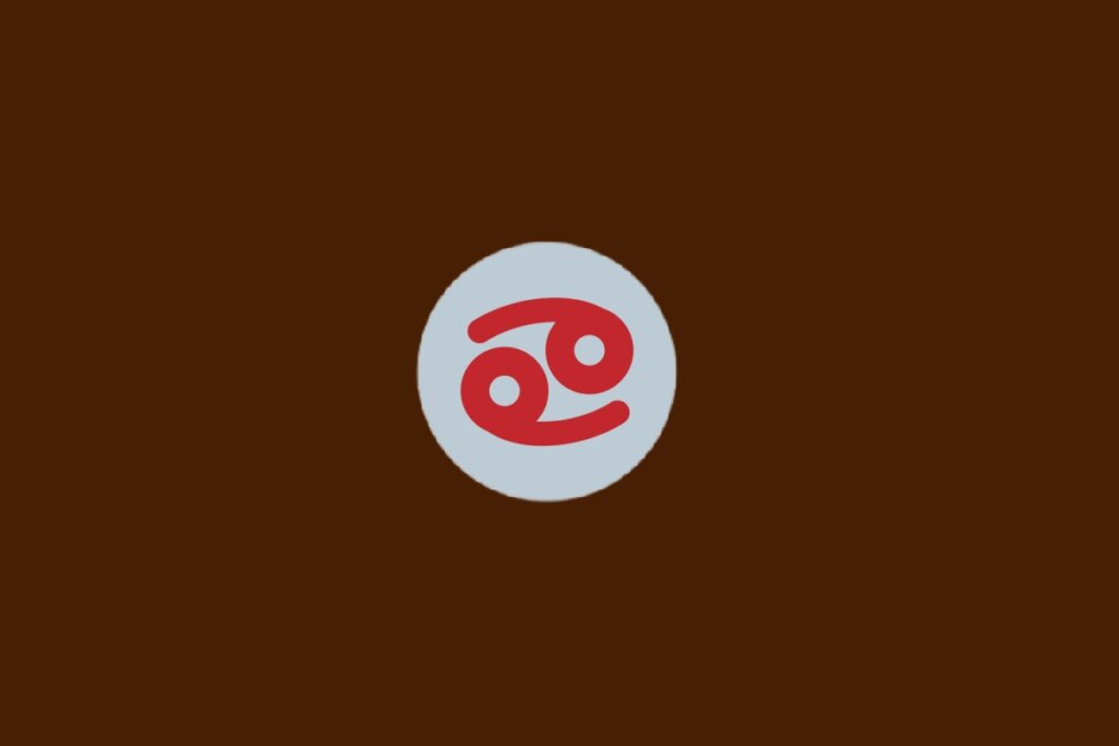 Ilustração do signo de Câncer, com símbolo vermelho parecido com o número 69 deitado, dentro de um círculo cinza sobre fundo marrom-escuro