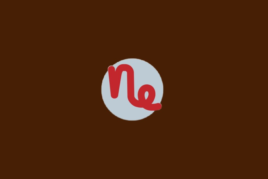 Ilustração do signo de Capricórnio com símbolo vermelho em forma de "n" curvado seguido de um laço, dentro de um círculo cinza sobre fundo marrom-escuro