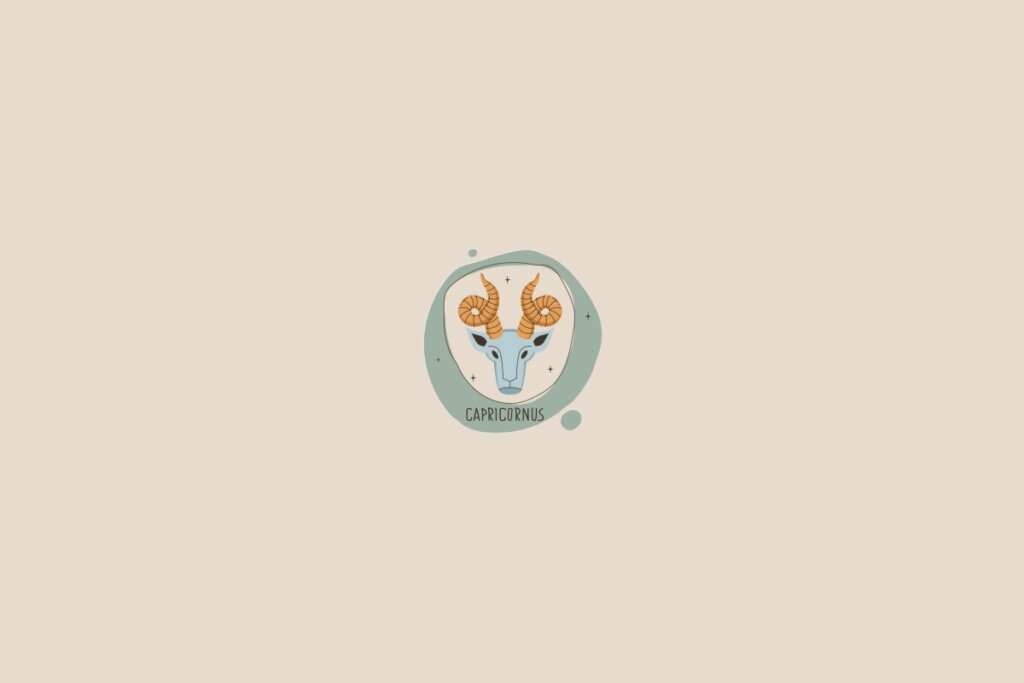 Ilustração do signo de capricórnio em um fundo bege-claro. Ao redor dele, há um círculo verde-claro e pequenas bolhas