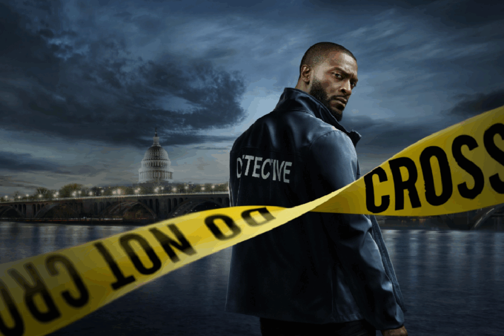 Detetive Alex Cross diante de uma cena isolada por fita policial em imagem promocional da série Cross.
