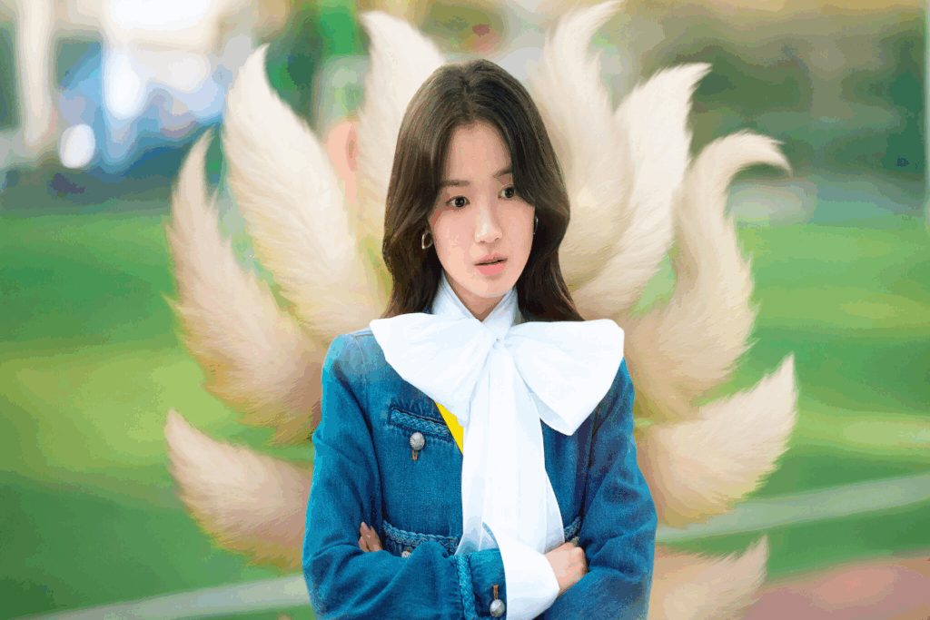 Mulher com cabelo preto, liso e solto, usando camisa branca com laço no pescoço e jaqueta jeans e ao fundo 9 caudas brancas