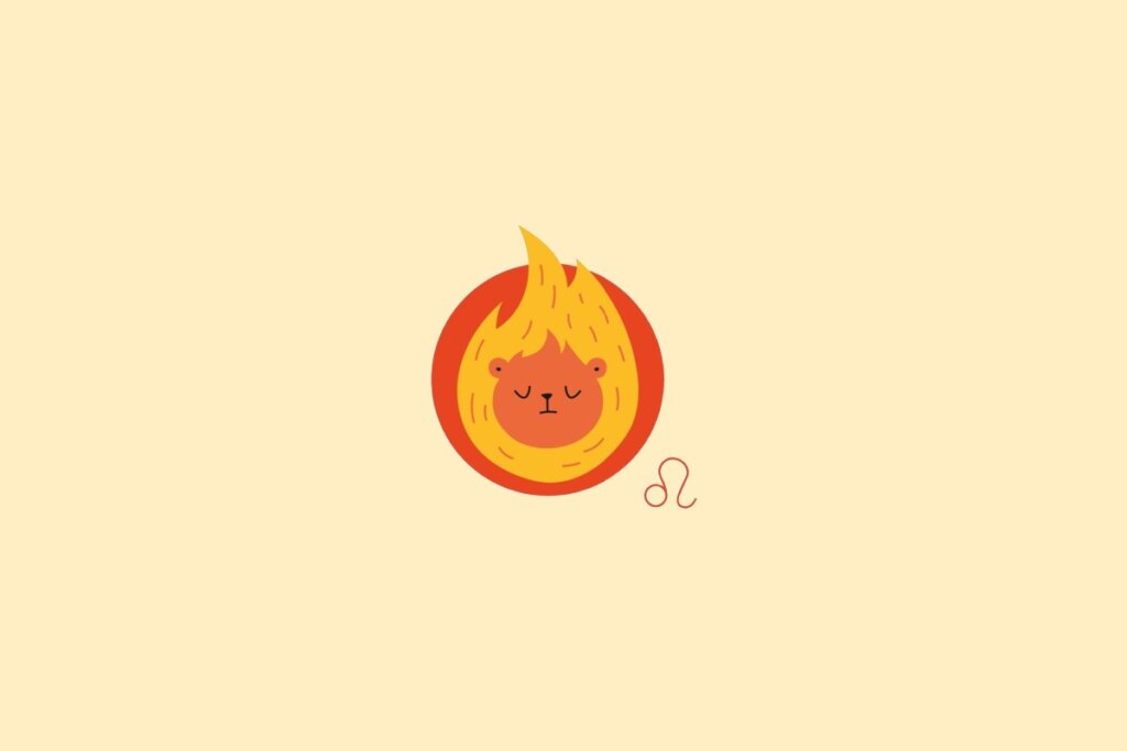 Ilustração de um leão em um círculo laranja, sobre um fundo amarelo-claro